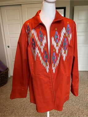 BOB MACKIE Wearable Art Embroidered Zip Jacket Rust/Terra Cotta Size 1X